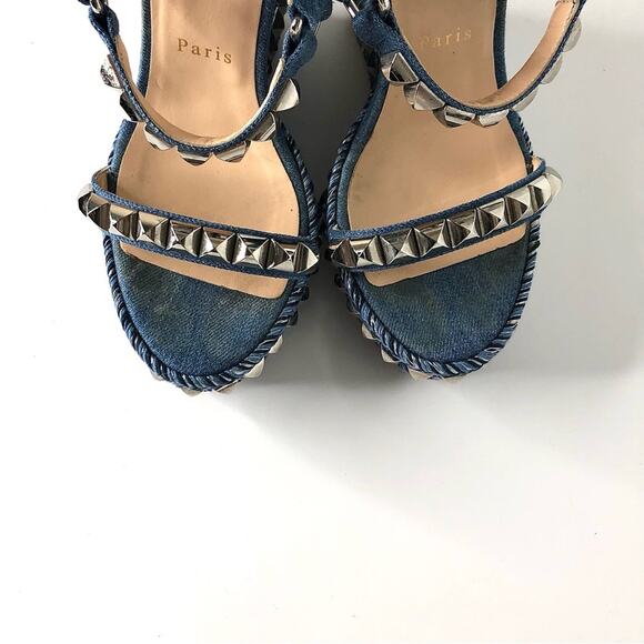 Christian Louboutin Cataclou 140 Jeans Silvers Studded Wedge Platform Sandals 37 - Picture 4 of 13